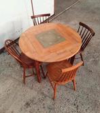 Ronde eettafel met vintage spijlen stoelen, Ophalen, Gebruikt, Bruin, Vintage