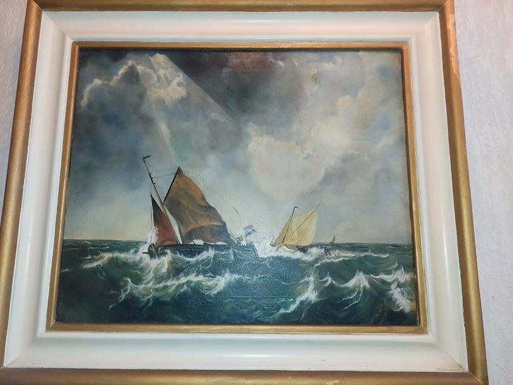 Schilderij: Boten op Zee, Antiek en Kunst, Kunst | Schilderijen | Klassiek, Ophalen