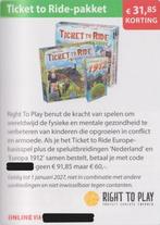 Ticket to Ride-pakket. € 31,85 korting. Postcodeloterij bon., Eén persoon, Kortingsbon, Warenhuis- of Winkelbon