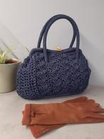 Vintage handtas 60er jr, gehaakt raffia, goudkl kliksluiting, Handtas, Blauw, Ophalen of Verzenden, Zo goed als nieuw