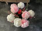 Kunstbloemen  in gebakken  vaas  met losse  vaas  oud  roze, Ophalen of Verzenden, Zo goed als nieuw, Binnen