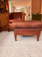 Vintage Schapenleren Fauteuil met Hocker, Huis en Inrichting, Fauteuils, Ophalen, Gebruikt, Leer, 75 tot 100 cm