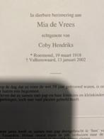 Hendriks - de Vrees 1918 Roermond 2002 Valkenswaard, Verzamelen, Bidprentjes en Rouwkaarten, Ophalen of Verzenden