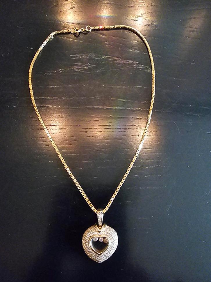 14kt Gouden Damesketting met Hartje, Sieraden, Tassen en Uiterlijk, Kettingen, Zo goed als nieuw, Goud, Goud, Met hanger, Met strass