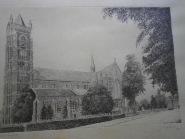 Etas St. Leonarduskerk in Brecht, (belgie ) gesigneerd, Antiek en Kunst, Kunst | Etsen en Gravures, Ophalen