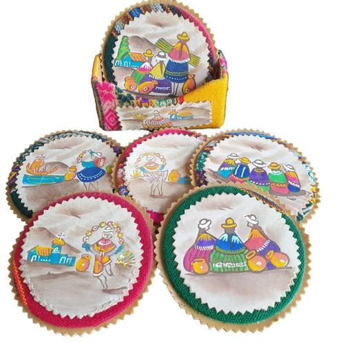 Kleurrijke folkart onderzetters uit Peru leer en stof 0306, Huis en Inrichting, Woonaccessoires | Onderzetters, Zo goed als nieuw