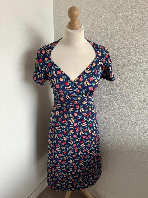 King Louie maat XL blauwe fruit jurk 2183, Kleding | Dames, Jurken, Zo goed als nieuw, Maat 46/48 (XL) of groter, Blauw, Knielengte