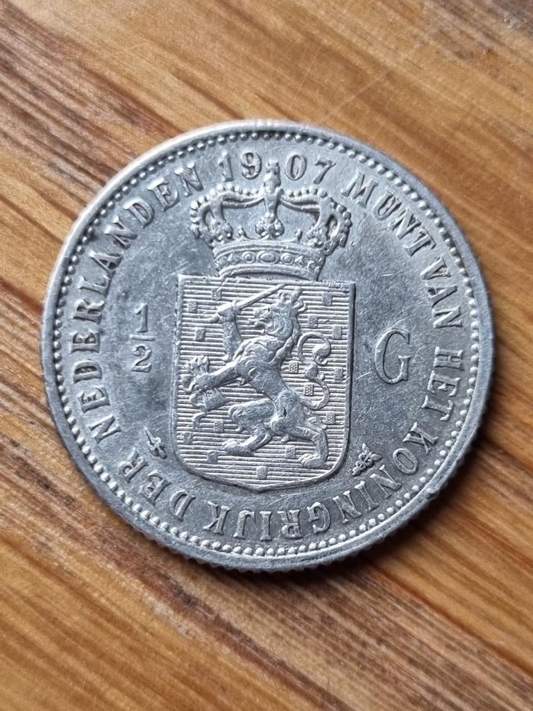Halve gulden 1907 Wilhelmina, Postzegels en Munten, Munten | Nederland, Ophalen of Verzenden, Koningin Wilhelmina, ½ gulden, Zilver