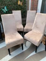 4 Bruine Eetkamerstoelen met Beige Hoezen., Ophalen, Gebruikt, Bruin, Vier