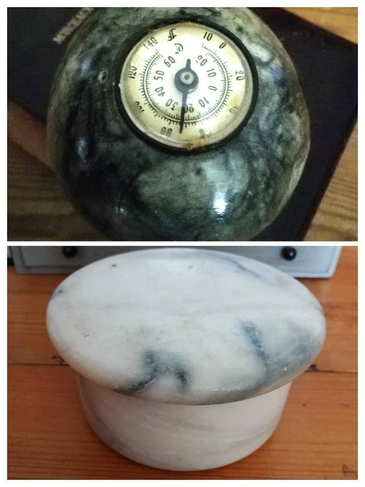 Oude aparte ovaal marmeren ei met thermometer en doosje, Antiek en Kunst, Curiosa en Brocante, Ophalen of Verzenden