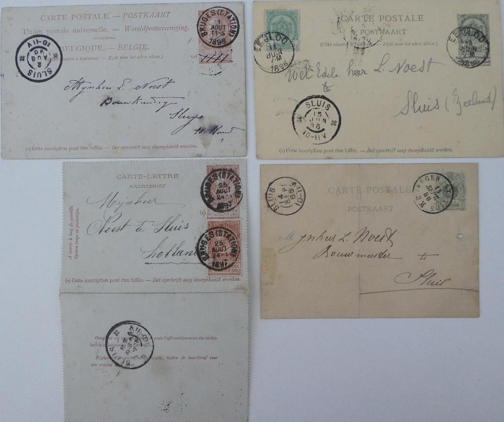 Briefkaart 4x, 1886, 1896, 1897, Brugge, Eecloo – Sluis, Ophalen of Verzenden, Briefkaart