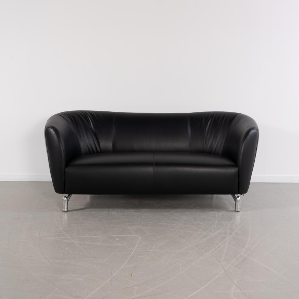 1x Leolux Pupilla 2-zits/183cm Bank Zwart Leer - Gepolijst, Niet ingevuld, 150 tot 200 cm, Niet ingevuld, Tweepersoons