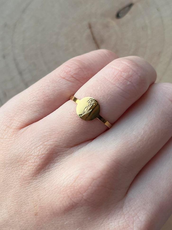 Verstelbare ring met geboortebloem zegel, Sieraden, Tassen en Uiterlijk, Ringen, Zo goed als nieuw, Dame, 17 tot 18, Goud, IJzer of Staal