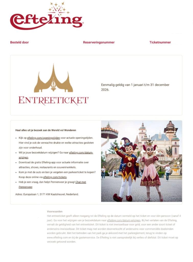 Efteling ticket (4 in totaal beschikbaar), Tickets en Kaartjes, Eén persoon, Ticket of Toegangskaart