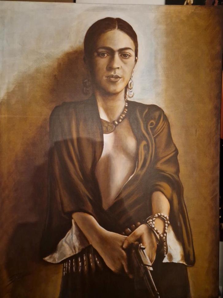 Olieverfschilderij: Frida Kahlo met pistool, Antiek en Kunst, Kunst | Schilderijen | Modern, Ophalen of Verzenden