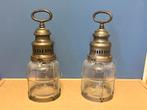 Twee lantaarns met lamp op batterij, Antiek, Gebruikt, Ophalen of Verzenden, Glas