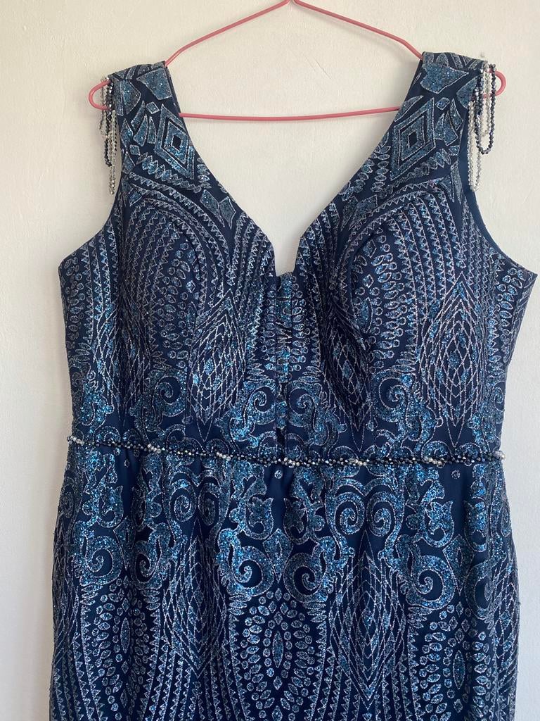 Elegante Donkerblauwe Galajurk met Glitterdetails, Galajurk, Blauw, Maat 42/44 (L), Ophalen of Verzenden