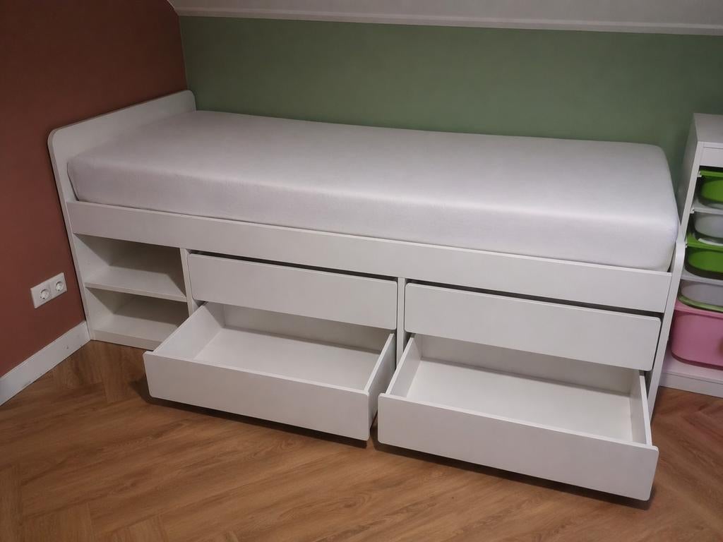 Wit bed met 4 lades en lattenbodem - 3 jaar oud, Ophalen, Gebruikt, 90 cm, Eenpersoons