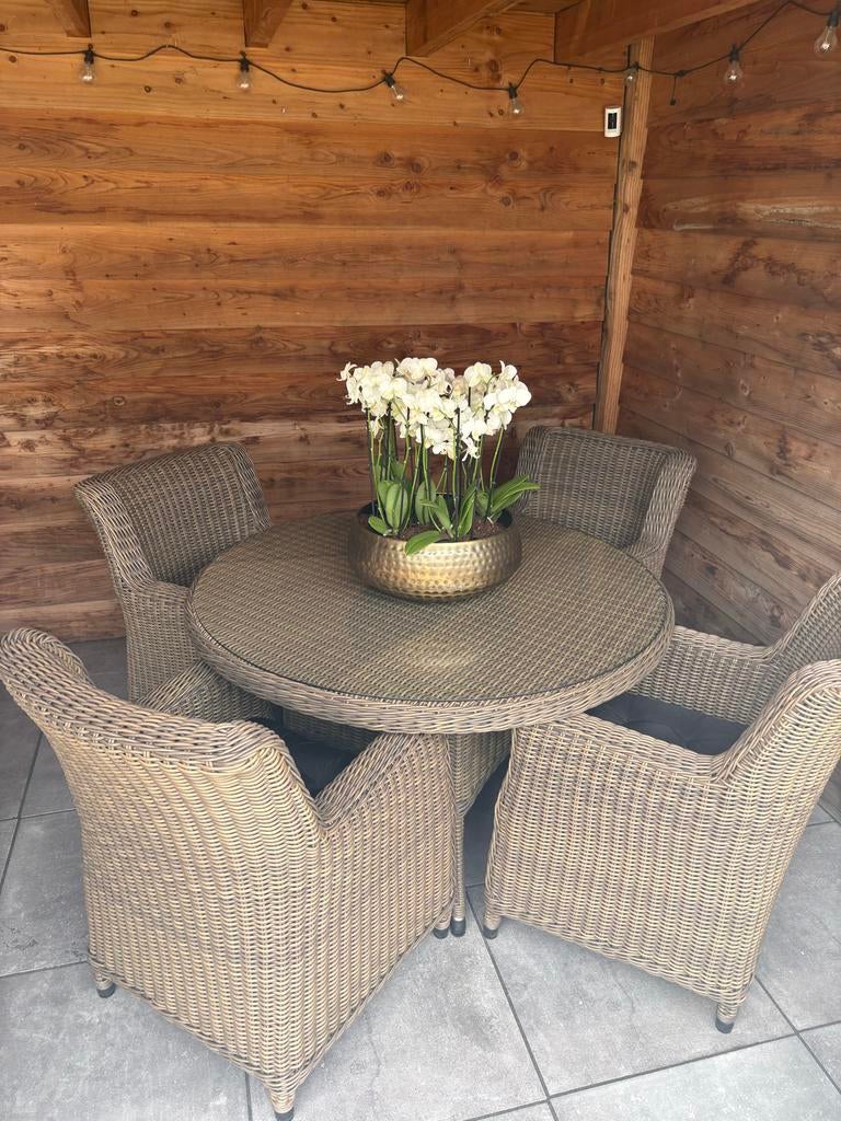 Tuinset met ronde tafel en 4 stoelen, Tuin en Terras, Tuinsets en Loungesets, 4 zitplaatsen, Gebruikt, Eettafel, Ophalen of Verzenden