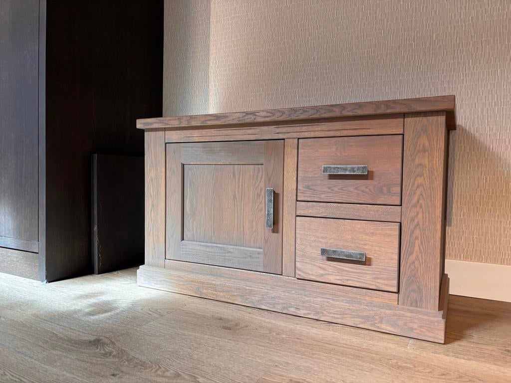 ZGAN Eiken Old Look Grey TV Meubel met 2 Lades en Kastdeur, Ophalen, 50 tot 100 cm, Zo goed als nieuw, Minder dan 100 cm