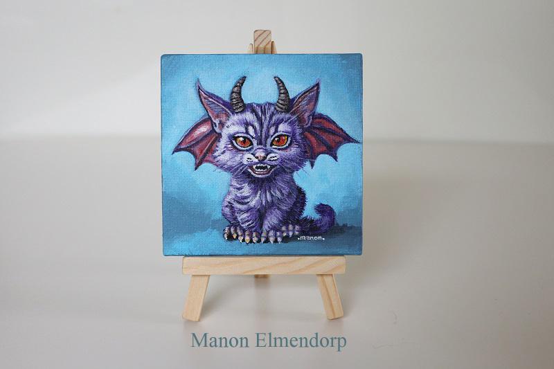 Uniek Handgeschilderd Fantasy Art Schilderijtje Kat, Antiek en Kunst, Ophalen of Verzenden