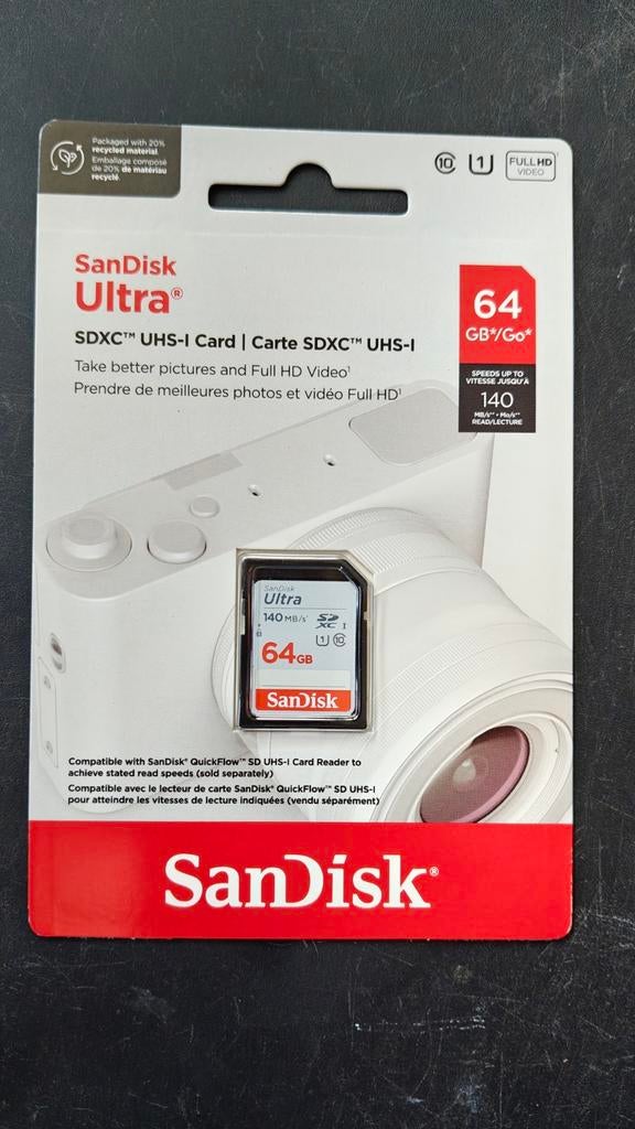 SanDisk Ultra 64GB SD XC UHS-I Geheugenkaart 140MB/s, SDXC, Nieuw, Ophalen of Verzenden, Fotocamera