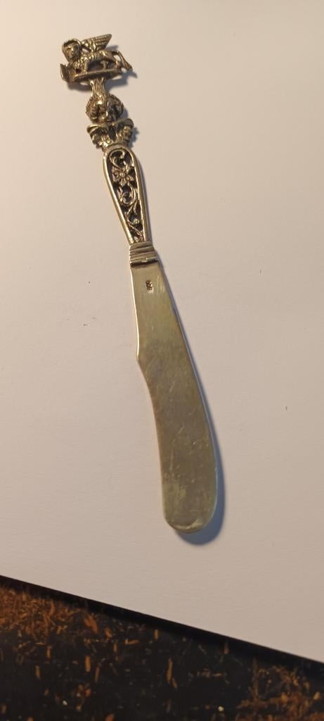 Antiek zilverkleurig brief opener met Venetiaans leeuw., Ophalen of Verzenden