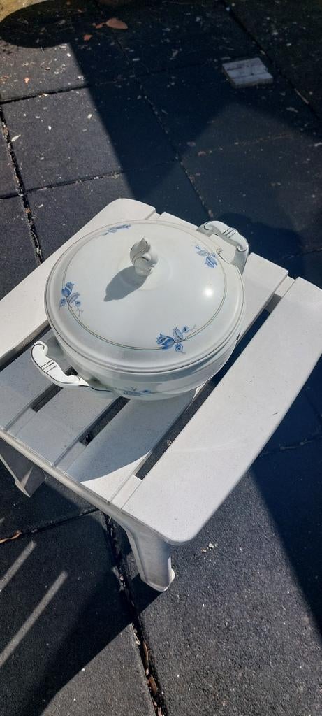 Mooie gave soepterrine met blauw bloemmotief, Ophalen