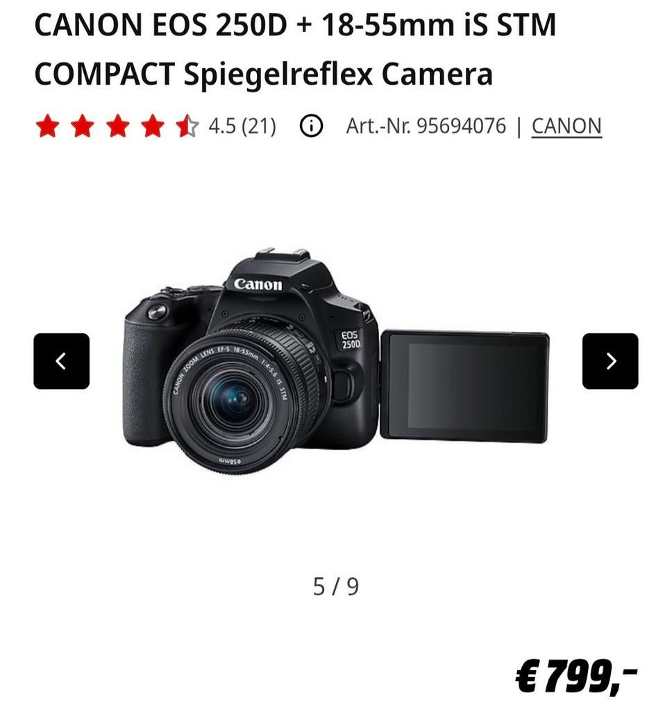 Canon EOS 250D + 18-55mm  spiegelreflex/vlog, Ophalen of Verzenden