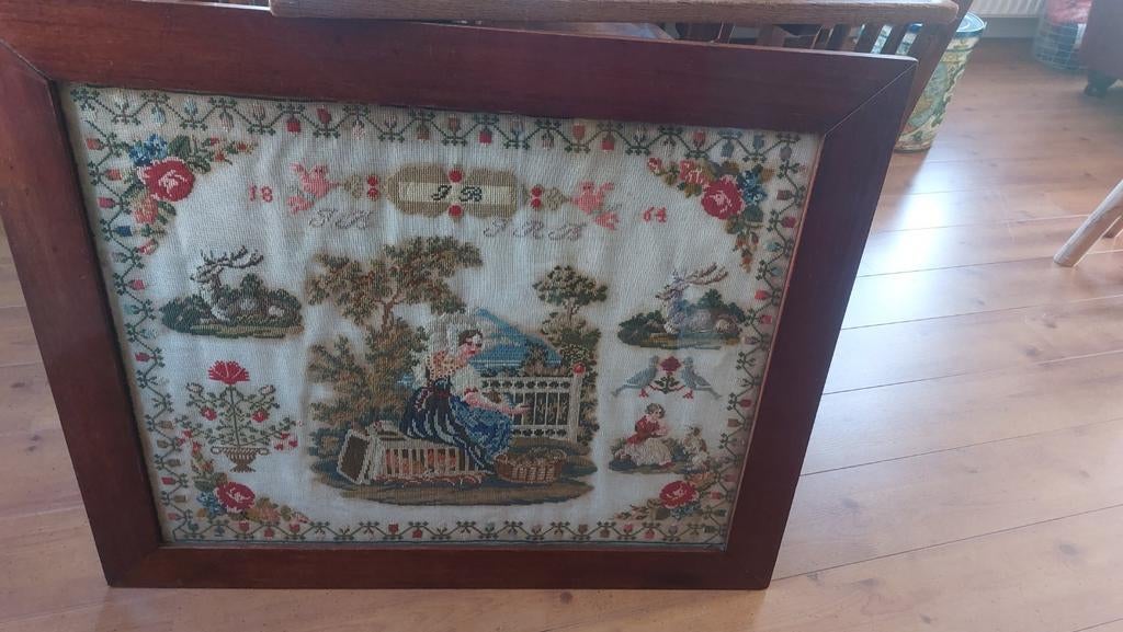 Antiek ingelijst borduurwerk uit 1864, Ophalen of Verzenden