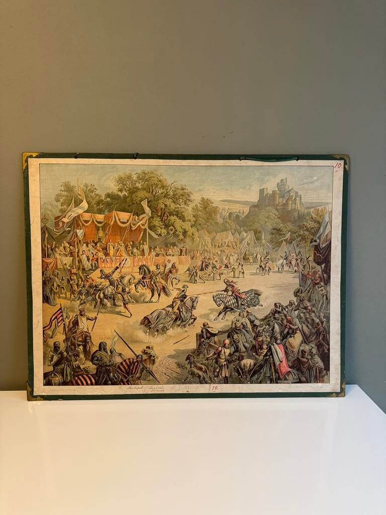 Oude schoolplaat: Steekspel met ridders en kasteel, Ophalen, Geschiedenis