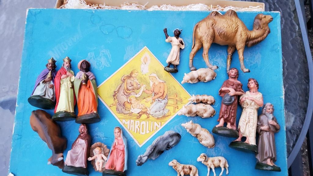 Antiek kerstgroep Papier Mache gemerkt Marolin originele doo, Ophalen of Verzenden