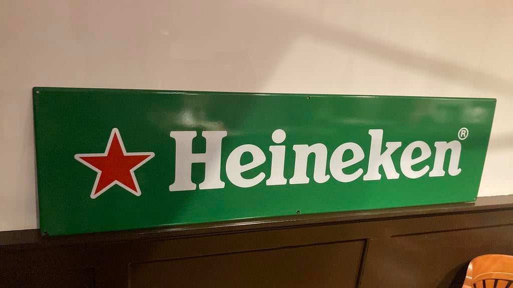 Heineken emaille bord groot 150cm bij 40cm, Verzamelen, Ophalen, Zo goed als nieuw, Reclamebord, Plaat of Schild, Heineken