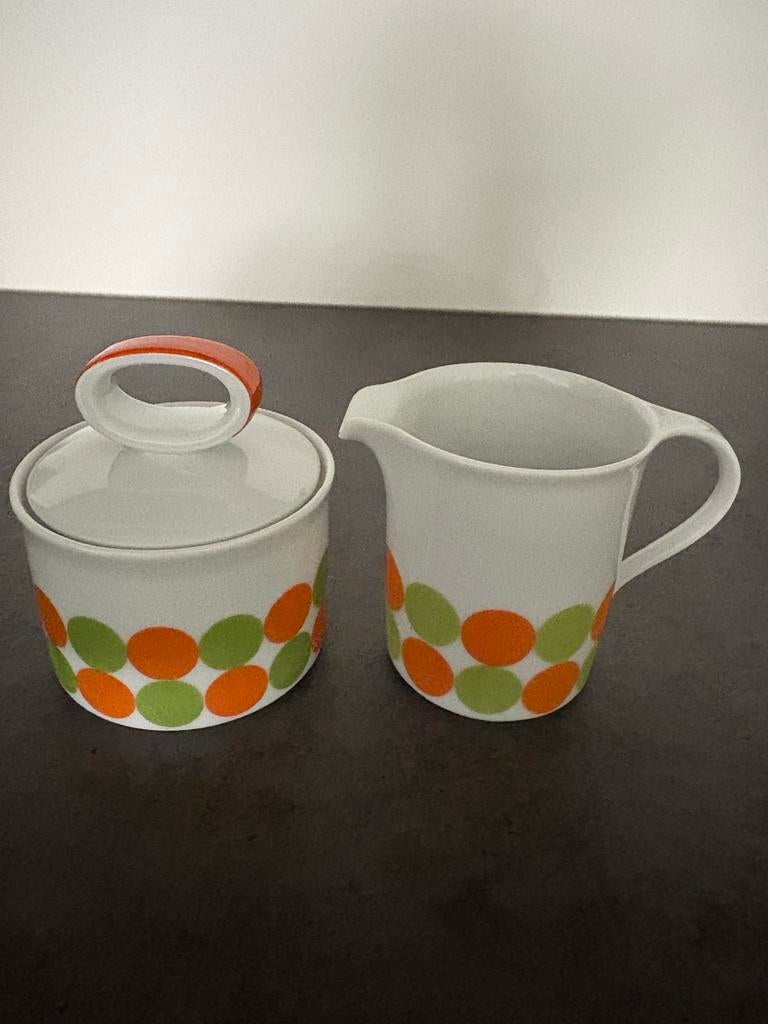 Retro Suiker & Melk Set met 2 Serveerschalen - Oranje/Groen, Ophalen, Gebruikt, Keramiek, Overige typen