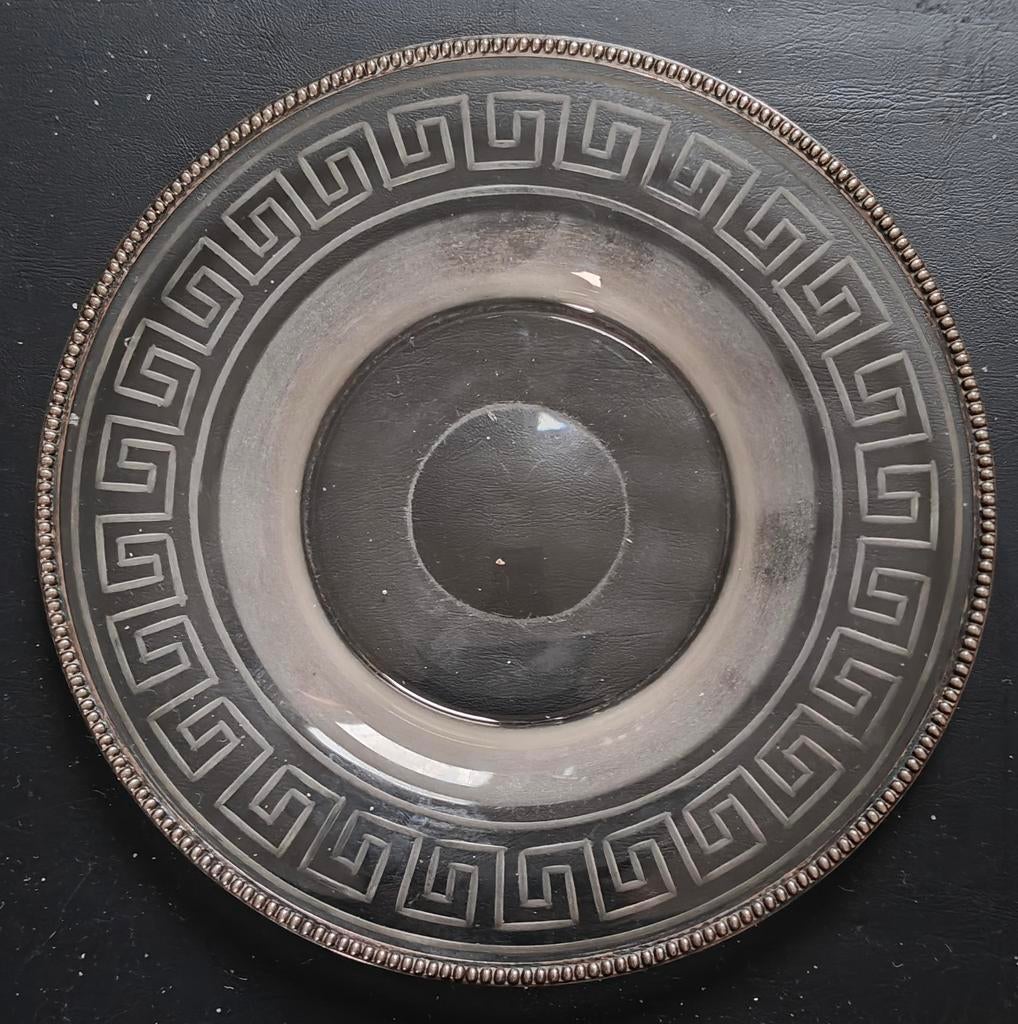 Decoratief glazen bord met zilveren Griekse rand, Antiek en Kunst, Ophalen of Verzenden