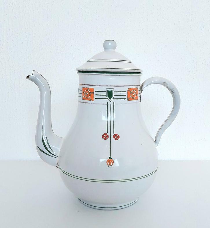 Fraaie Art Deco Jugendstil Emaille Koffiekan Keukenemaille, Antiek en Kunst, Antiek | Emaille, Verzenden