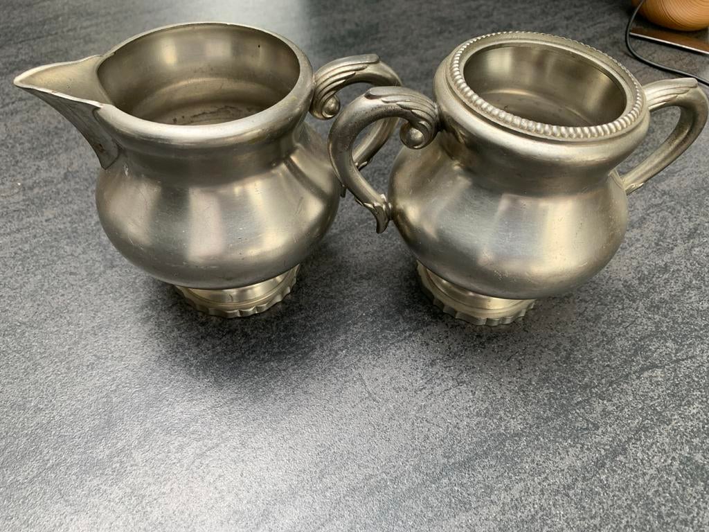Vintage tinnen melkkan en suikerpot set, Antiek en Kunst, Antiek | Tin, Ophalen of Verzenden