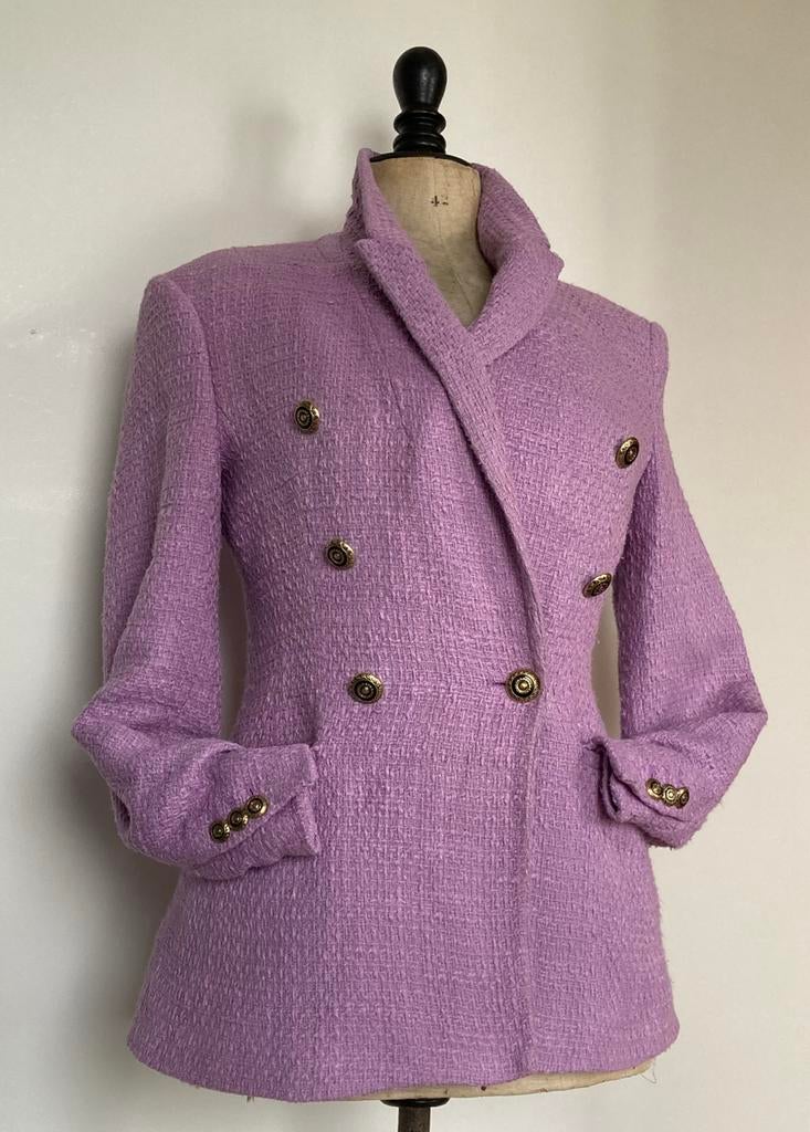 Unieke vintage lange boucle blazer jas jasje maat 38 40, Ophalen of Verzenden, Zo goed als nieuw, Maat 38/40 (M), Paars