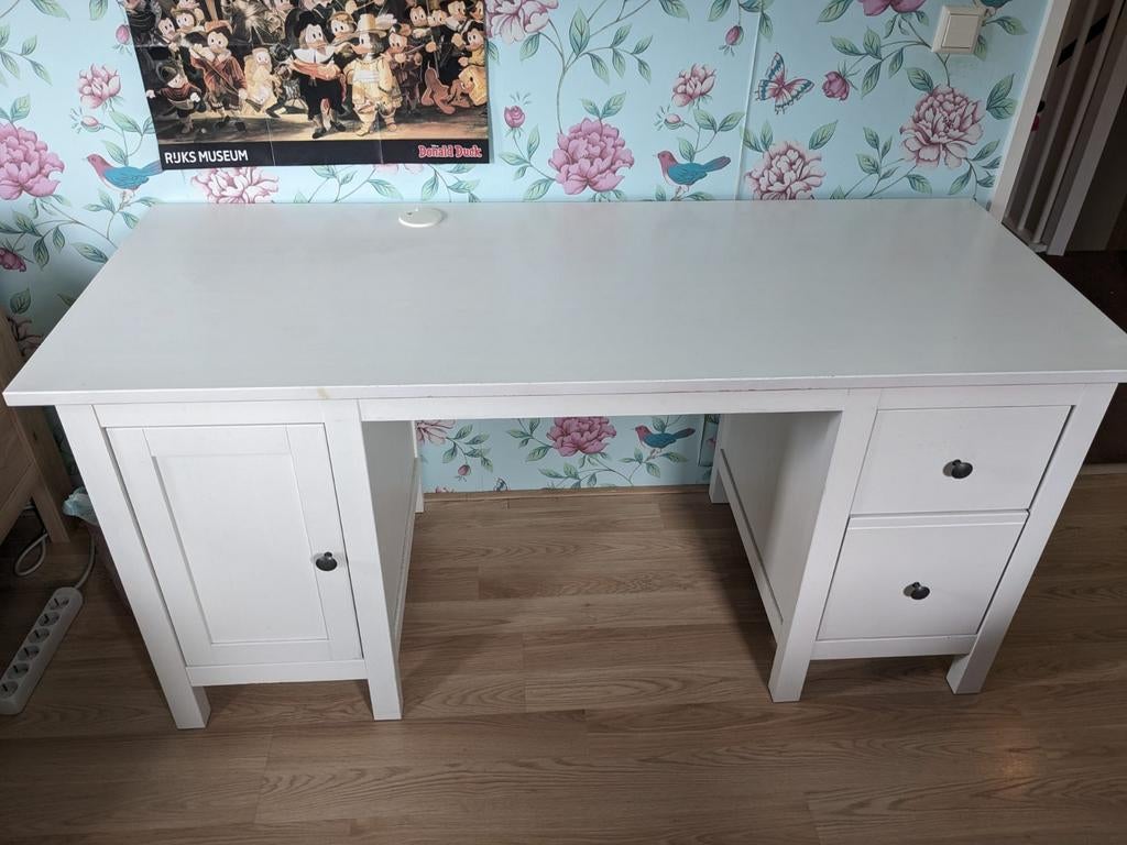 Wit bureau met lades en kastje, Huis en Inrichting, Bureaus, Ophalen, Met lades, Gebruikt, Hout