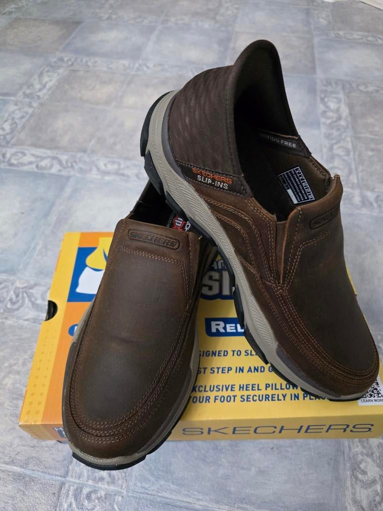 Skechers Slip-ins Heren Instappers - Bruin Leer, Ophalen, Zo goed als nieuw, Bruin
