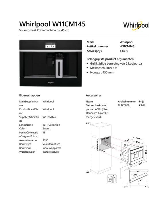 Whirlpool W11CM145, Witgoed en Apparatuur, Koffiezetapparaten, Nieuw, Koffiebonen, Koffiemachine, 10 kopjes of meer, Ophalen