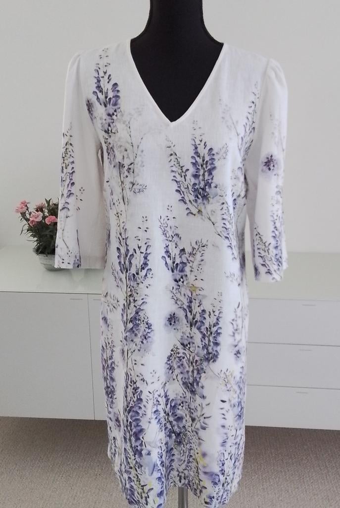Wit/lila linnen jurk Marccain/ Marc Cain mt 2 past 38/40, Verzenden, Zo goed als nieuw, Maat 38/40 (M)