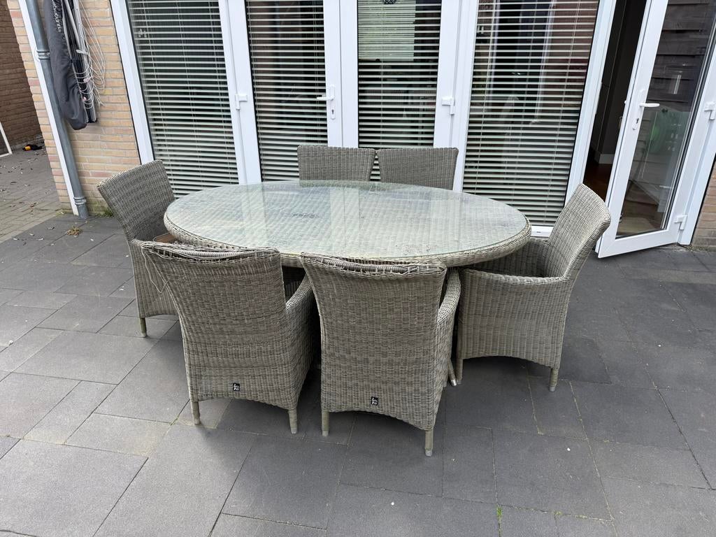 Rieten tuinset met glas en 6 stoelen, Tuin en Terras, Ophalen, Gebruikt, Eettafel, Rotan