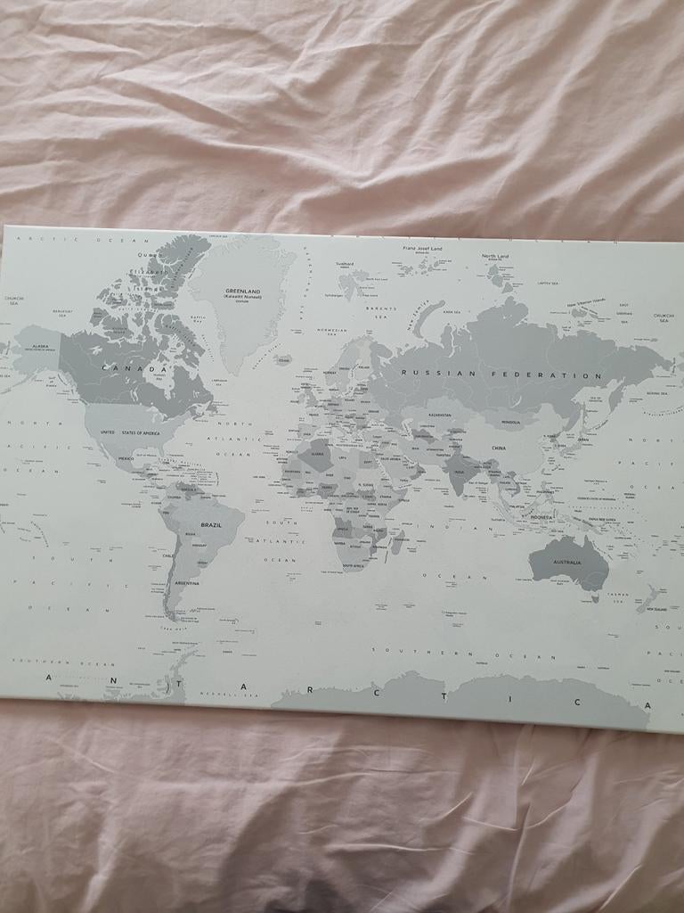 Wereldkaart zwart-wit op canvas, Boeken, Atlassen en Landkaarten, Ophalen, Zo goed als nieuw, Wereld, Landkaart