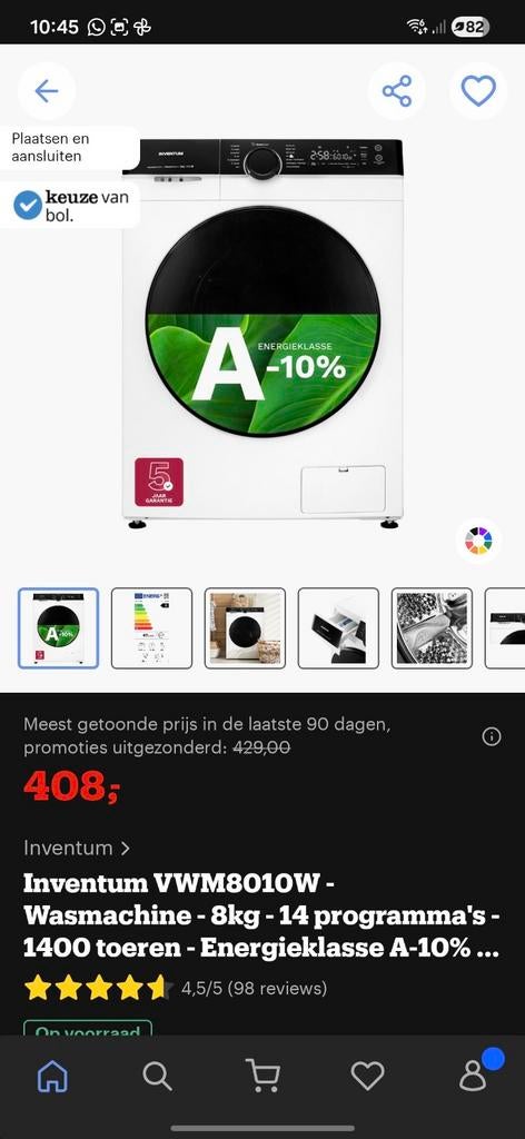 Inventum 8 kilo wasmachine, Ophalen, Zo goed als nieuw, 85 tot 90 cm, 1200 tot 1600 toeren