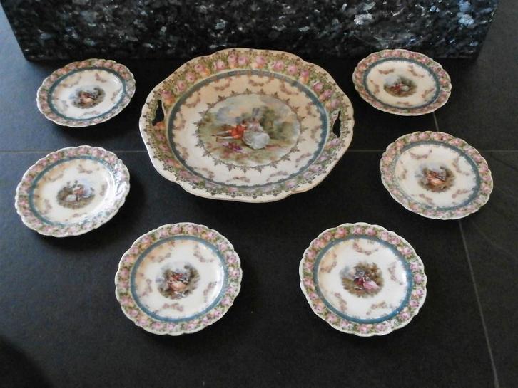 Porseleinen/aardewerken taart/gebaksset  1960, Huis en Inrichting, Keuken | Servies, Gebruikt, Compleet servies, Overige stijlen