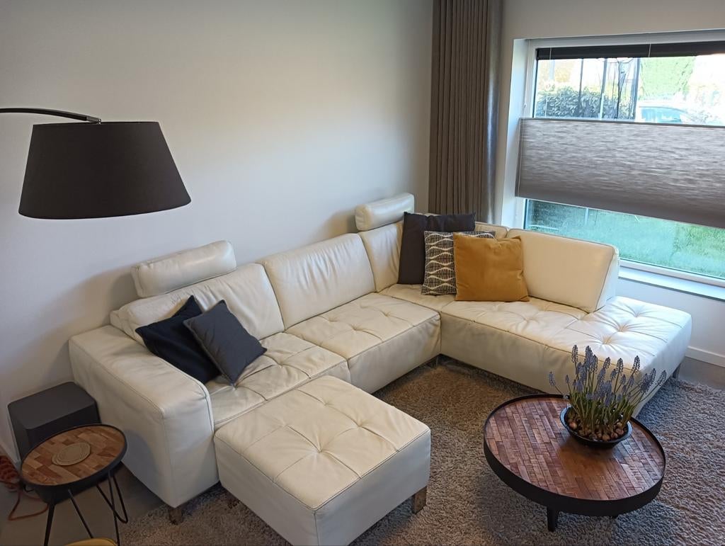 Montel Hoekbank wit leer met 2 hoofdsteunen en hocker, Ophalen, 250 tot 300 cm, Gebruikt, Hoekbank