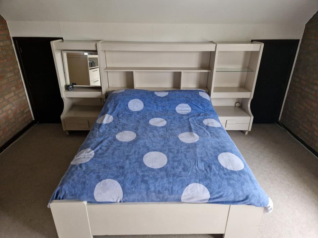 Vintage bedombouw met kapspiegel en lades, Ophalen, Gebruikt, Tweepersoons, 140 cm
