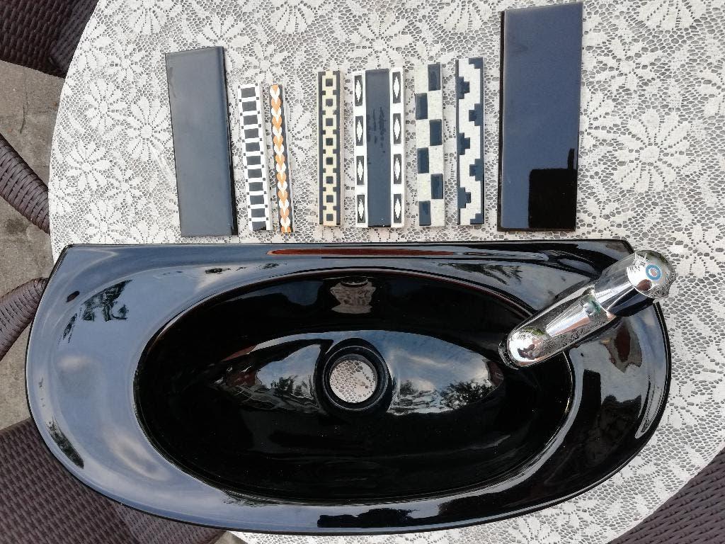 50x22cm Zwart vintage fonteintje incl kraan ondiep, Ophalen