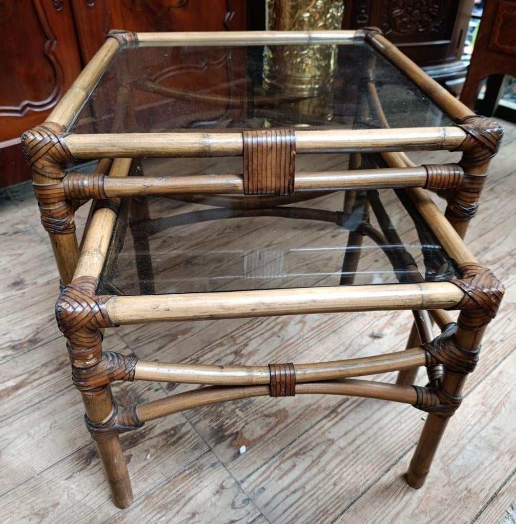 Vintage set rotan salontafels/bijzettafels, Ophalen, Gebruikt, 50 tot 100 cm, Vierkant